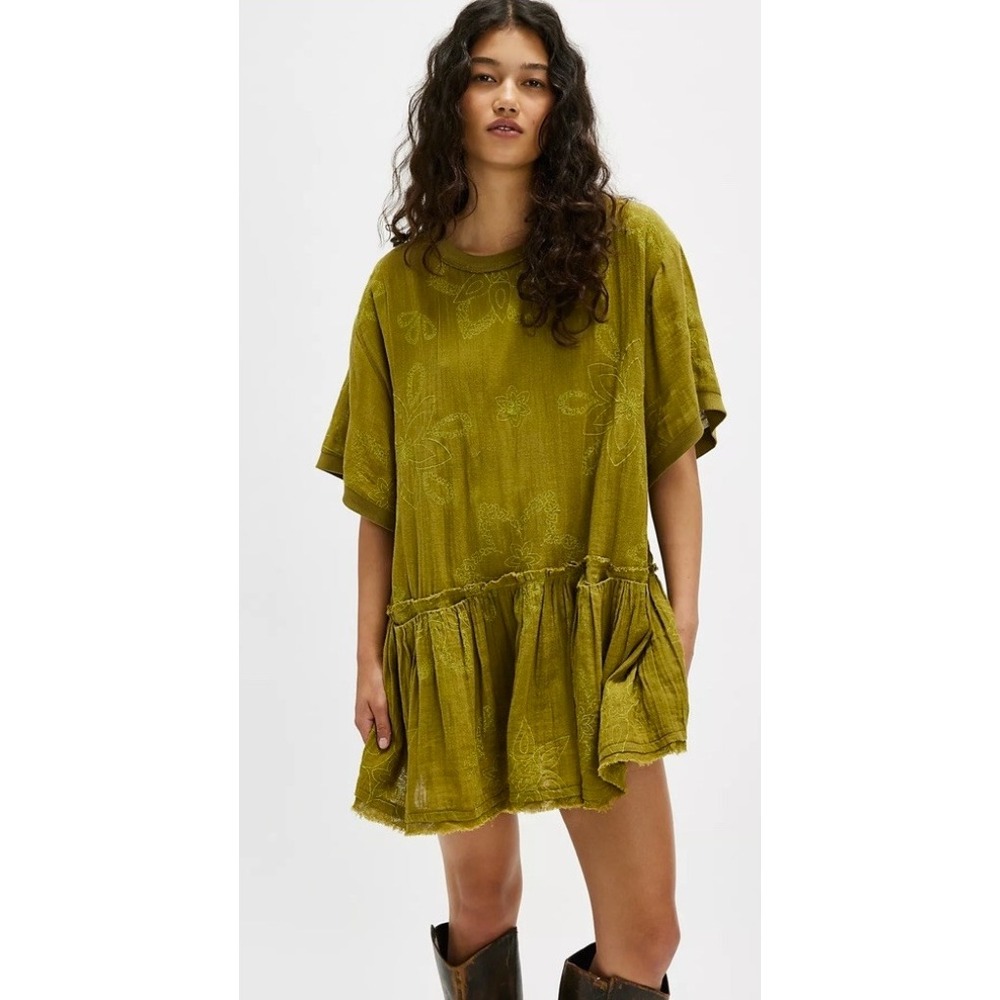 Free People Moss Green Embroidered Flower Mini Dress Boho Ruffle XL OB1186716